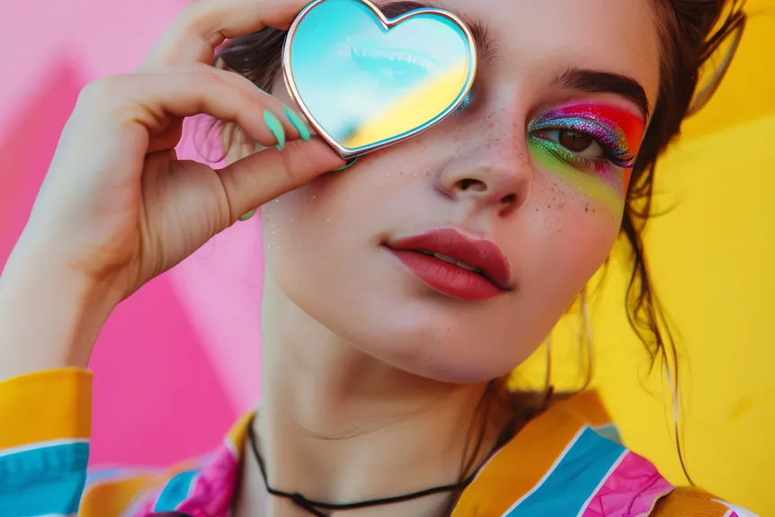 Kobieta z zielonymi oczami w kolorowym makijażu