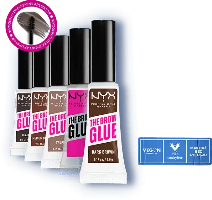 NYX brown glue w pięciu wersjach kolorystycznych