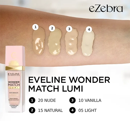 Podkład Eveline Wonder Match Lumi 15 natural odcienie kolory swatches
