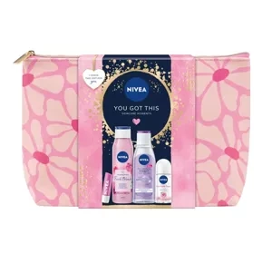 NIVEA zestaw antyperspirant roll-on 50 ml + żel pod prysznic 300 ml + płyn micelarny 200 ml + pomadka do ust ochronna 4,8 g + kosmetyczka
