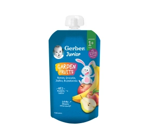 Gerber Junior Garden Fruits mus w tubce po 1 roku Banan Gruszka Jabłko Brzoskwinia 110g