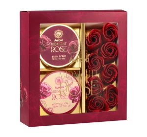 Aurora Midnight Rose zestaw prezentowy peeling do ciała 50 ml + balsam do ciała 50 ml + płatki mydlane do kąpieli 8 x 4 g