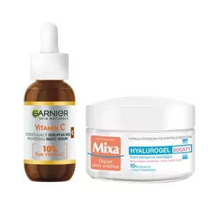 Garnier Vitamin C rozświetlające serum na noc + Mixa Hyalurogel bogaty krem nawilżający