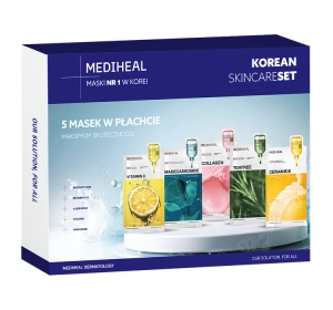 Mediheal Korean Skincare Set zestaw masek w płachcie Mediheal Vitamin C 24 ml + Mediheal Madecassoside 24 ml + Mediheal Collagen 24 ml + Mediheal Teatree 24 ml + Mediheal Ceramide 24 ml