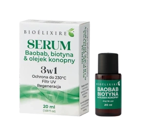Bioelixire serum do włosów z olejkiem z baobabu, biotyną, olejkiem konopnym i filtrami UV 20 ml