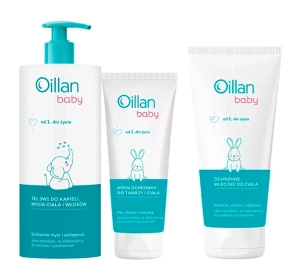 Oillan Baby zestaw żel 3w1 do kąpieli 750ml + mleczko 200ml + krem do twarzy i ciała 75ml