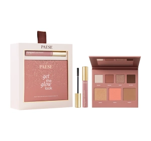 Paese Double Glow Look zestaw prezentowy do makijażu tusz do rzęs 2w1 Eyegasm Double Serum Mascara 9 ml + paleta do twarzy i oczu Get The Glow Look 16 g