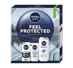 NIVEA MEN Feel Protected Sensitive Trio świąteczny zestaw kosmetyków dla mężczyzn żel pod prysznic + żel do mycia twarzy + krem do twarzy z SPF15