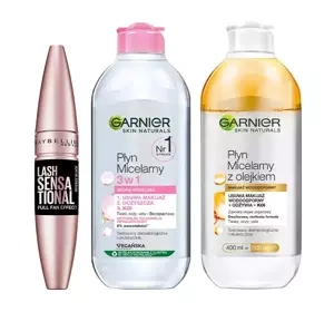 Zestaw kosmetyków tusz Maybelline + 2 x płyn micelarny Garnier