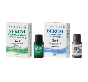 Bioelixire zestaw silikonowe serum do włosów Baobab Biotyna Olejek konopny + serum Czarnuszka