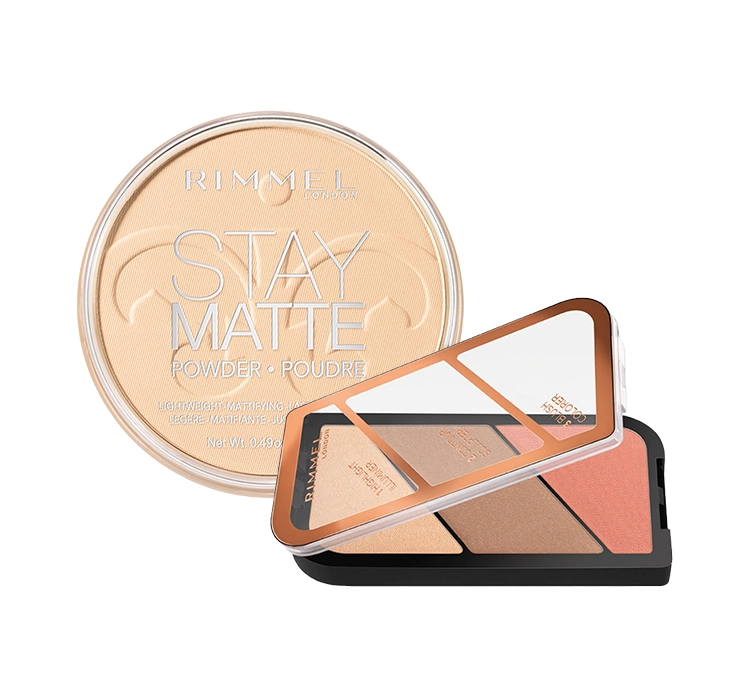 Rimmel zestaw puder do twarzy Stay Matte Transparent 01 + paleta Kate Sculpting Kit 02 Coral Glow