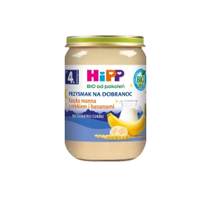 HIPP Bio deserek w słoiczku dla dzieci po 4 miesiącu Kaszka manna z mlekiem i bananami 190 g