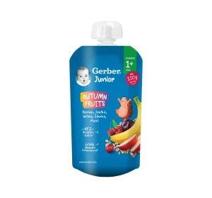 Gerber Junior Autumn Fruits mus w tubce po 1 roku Banan Jabłko Wiśnia Śliwka Musli 110 g