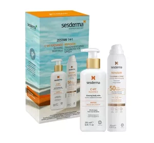 Sesderma zestaw kosmetyków spray ochronny SPF50 Repaskin 200 ml + mleczko do ciała C-Vit Radiance 250 ml