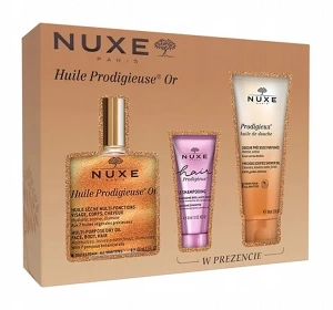 Nuxe Huile Prodigieuse Or zestaw prezentowy wielofunkcyjny olejek 100 ml + szampon wygładzający 30 ml + olejek pod prysznic 100 ml