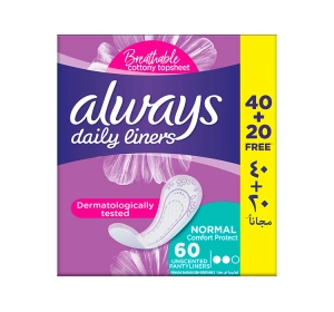 Always Daily Liners wkładki higieniczne bezzapachowe Normal Comfort Protect 60 sztuk
