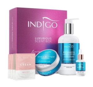 Indigo Home SPA zestaw prezentowy Love Story shea elixir z keratyną 8 ml + masło shea 70 g + krem do rąk 300 ml