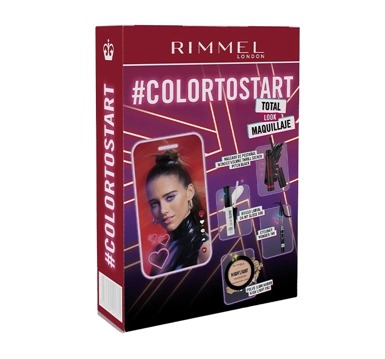 Rimmel #Colortostart zestaw kosmetyków do makijażu tusz do rzęs + eyeliner + błyszczyk + puder