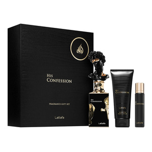 Lattafa His Confession woda perfumowana spray 100 ml + 12 ml + żel pod prysznic 100 ml