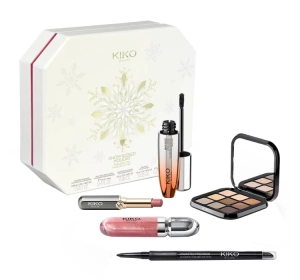 KIKO Milano Snow-Kissed Holiday Timeless Look zestaw prezentowy do makijażu eyeliner 0,35 g + maskara 12 ml + paletka cieni 2,5 g + pomadka 1,5 g + błyszczyk 6,5 ml