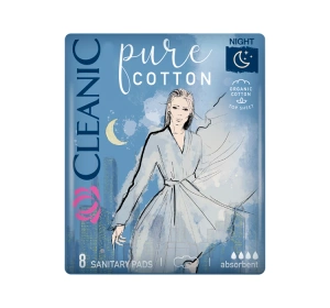 Cleanic Pure Cotton podpaski ze skrzydełkami na noc 8 sztuk