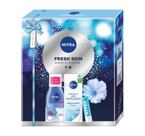 NIVEA Fresh Skin świąteczny zestaw kosmetyków do pielęgnacji twarzy płyn do demakijażu + krem na dzień z SPF15 + pomadka ochronna z SPF15