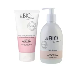 Bebio zestaw krem do rąk Chia i Kwiat Japońskiej Wiśni 75 ml + balsam do ciała Siemie lniane 400 ml