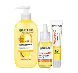 Garnier Vitamin C zestaw kosmetyków z witaminą C do pielęgnacji twarzy żel do mycia twarzy 200 ml + serum na przebarwienia 30 ml + rozświetlający fluid 40 ml